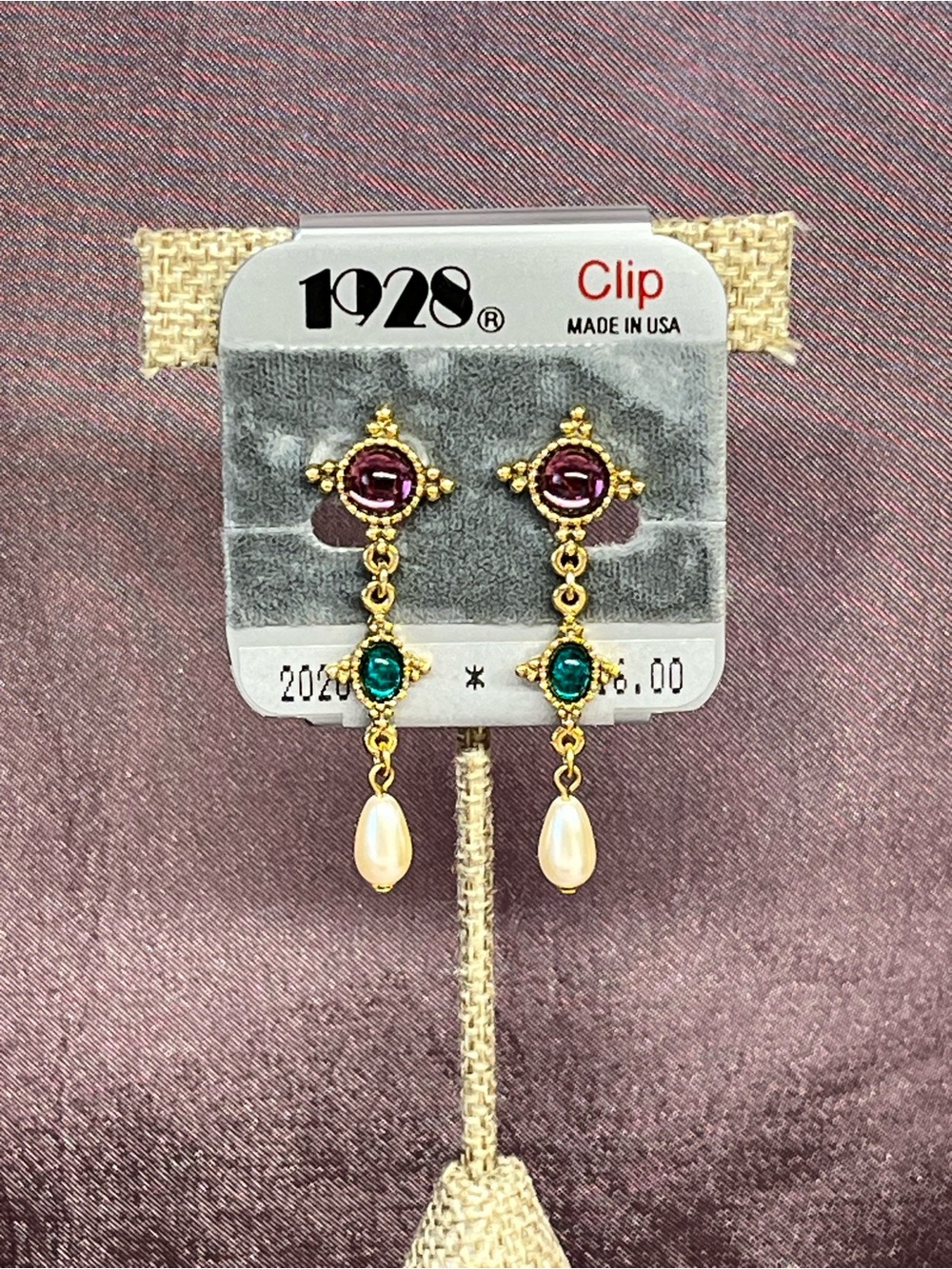 Vintage 1928 Clip-On Earrings NWT Gold Tone Faux Pearl Cabochon Dangle Earrings